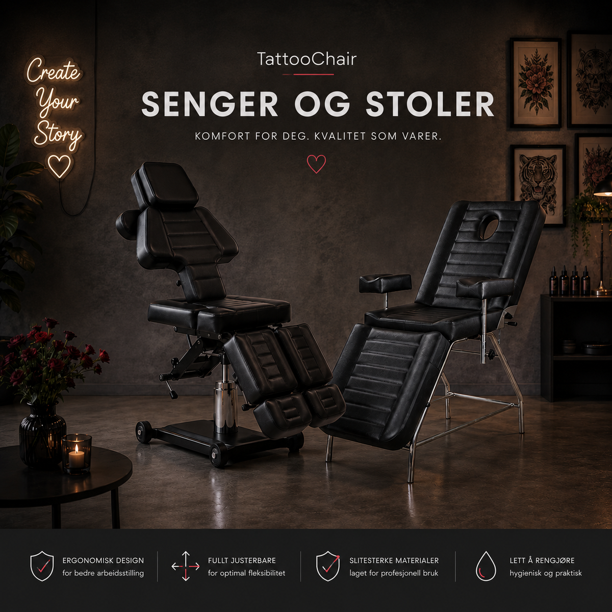 Profesjonelle behandlingssenger og stoler for tatovering, PMU og klinikk