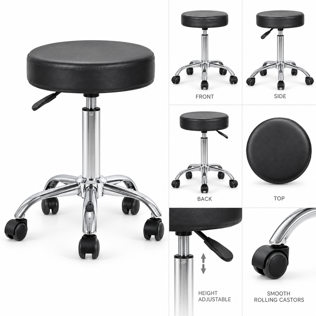 ArtistChair Classic – ergonomisk arbeidsstol med flatt sete og hjulbase for tatovering og beauty, med høydejustering. 