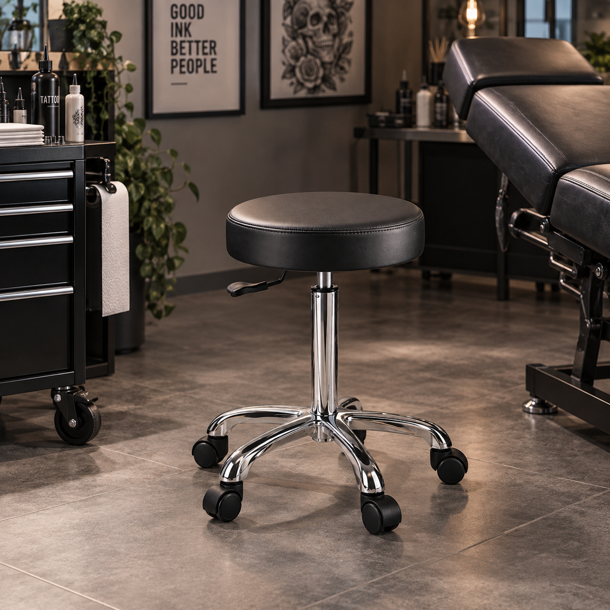ArtistChair Classic – ergonomisk arbeidsstol med flatt sete og hjulbase for tatovering og beauty, i svart

