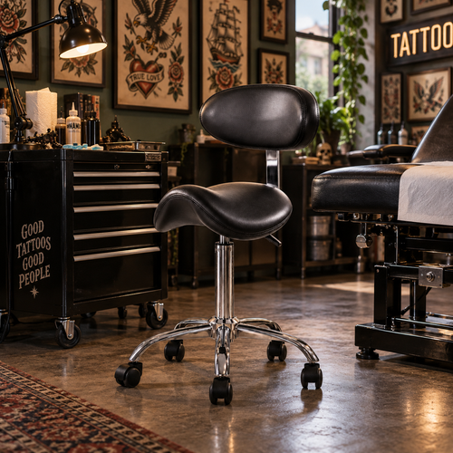 Svart Sadelstol med ryggstøtte i tatoveringsstudio
