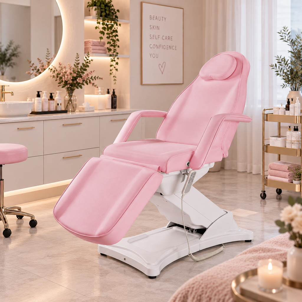 TattooChair Blush – elektrisk behandlingsstol med 3 motorer, rosa trekk og hvit base