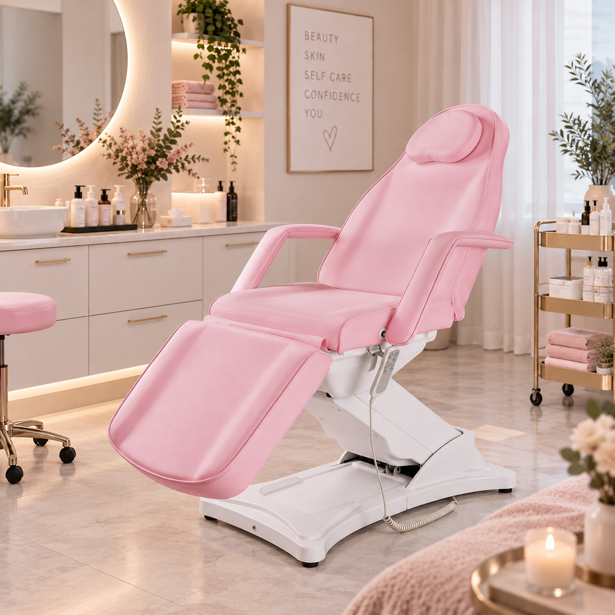 TattooChair Blush – elektrisk behandlingsstol med 3 motorer, rosa trekk og hvit base