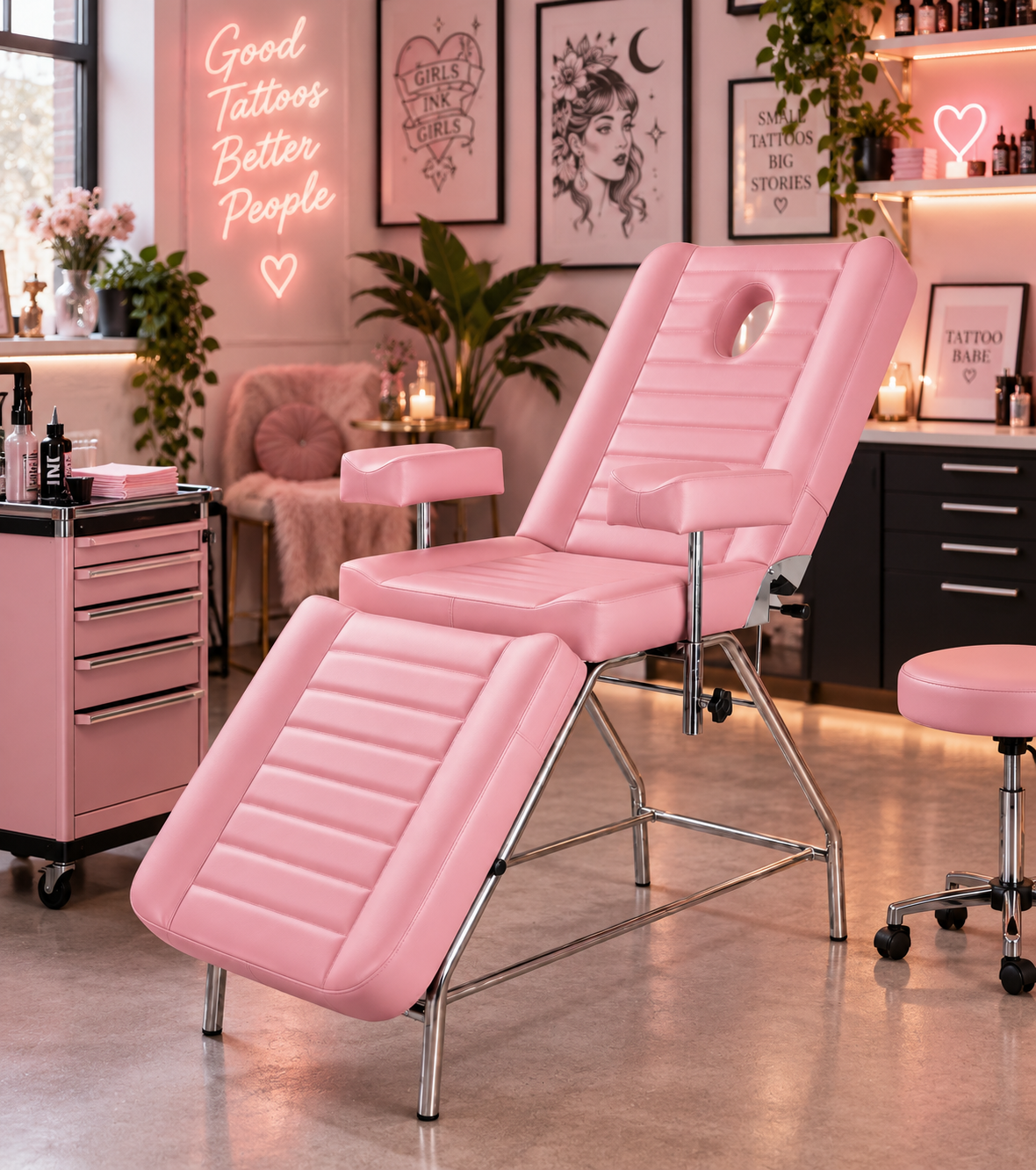 Rosa justerbar behandlingsstol fra TattooChair, egnet for tattoo, PMU og skjønnhetssalong