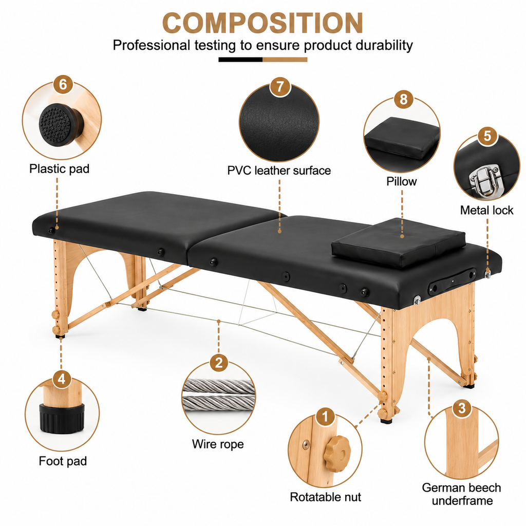 Sammenleggbar behandlingsbenk med polstret PVC-overflate