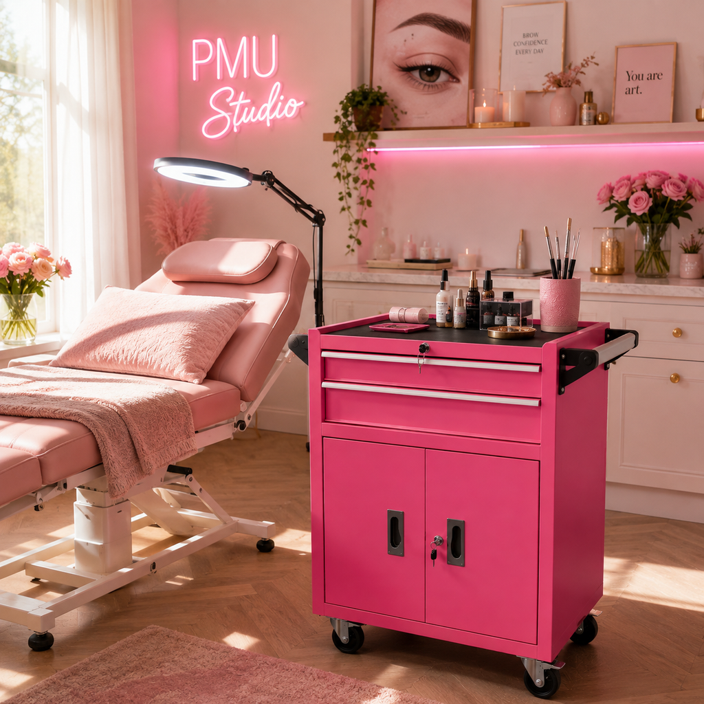 TattooChair Workstation Pro Pink – profesjonell arbeidsstasjon med skuffer og hjul for tatoveringsstudio og PMU-salong