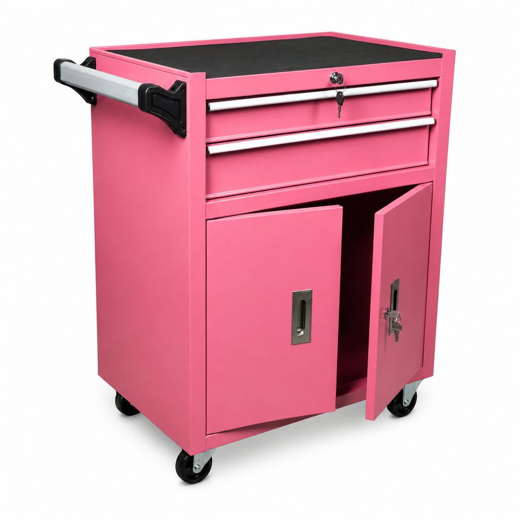 TattooChair Workstation Pro Pink – profesjonell arbeidsstasjon med skuffer og hjul for tatoveringsstudio og PMU-salong
