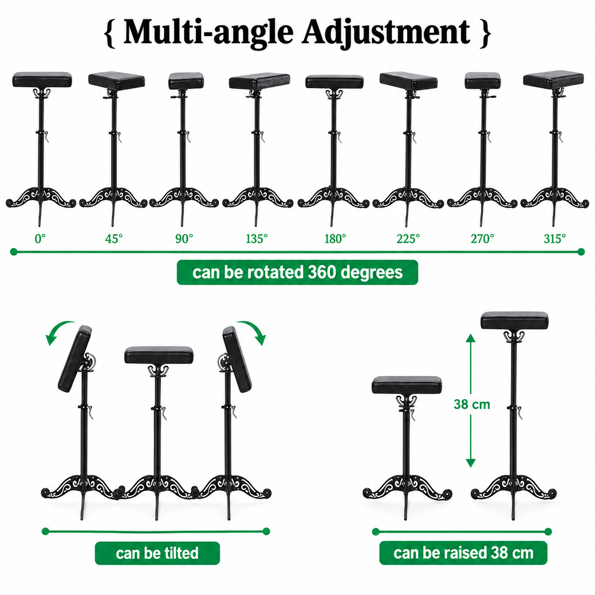 «TattooChair Arm Rest Studio – svart justerbart armlene med dekorativ base, fotografert i profesjonelt tatoveringsstudio»

