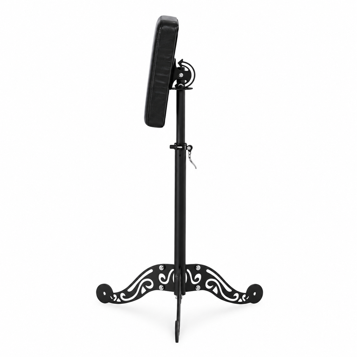 «TattooChair Arm Rest Studio – svart justerbart armlene med dekorativ base, fotografert i profesjonelt tatoveringsstudio»

