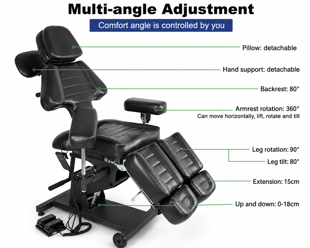 Elektrisk tatoveringsstol med justerbare seksjoner, kan brukes som behandlingsbenk. Ergonomisk, stabil og komfortabel. 