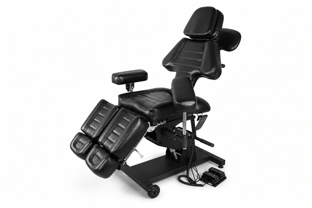 Elektrisk tatoveringsstol med justerbare seksjoner, kan brukes som behandlingsbenk. Ergonomisk, stabil og komfortabel. 