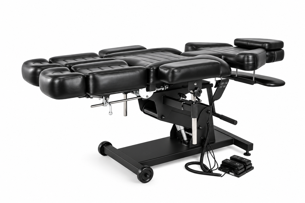 Elektrisk tatoveringsstol med justerbare seksjoner, kan brukes som behandlingsbenk. Ergonomisk, stabil og komfortabel. 